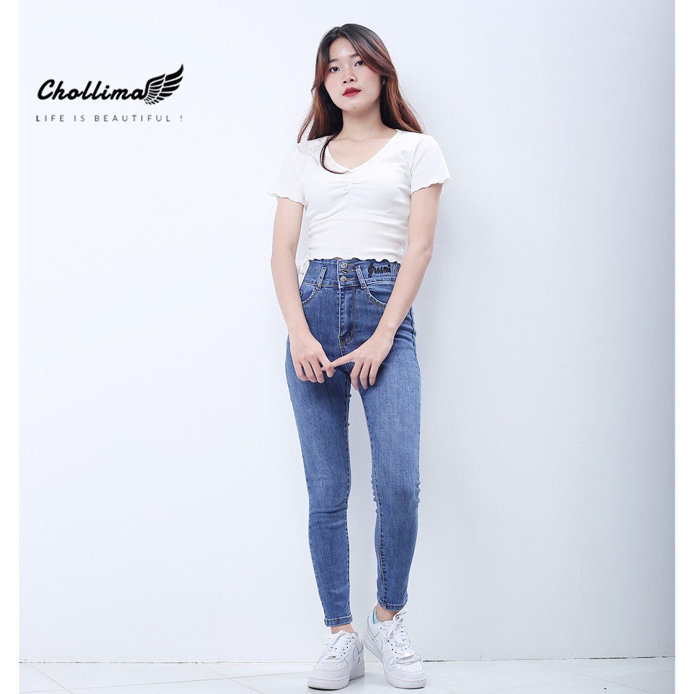 Quần jeans nữ co giãn Chollima cạp siêu cao thêu chữ JEAN X màu xanh nhạt QD035