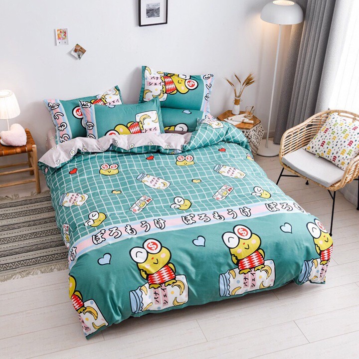 Bộ chăn ga gối drap giường chất cotton poly họa tiết bông ếch xanh