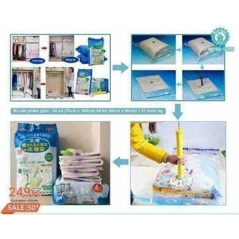 SÉT 8 TÚI HÚT CHÂN KHÔNG ĐỰNG QUẦN ÁO TẶNG KÈM BƠM TAY TIỆN DỤNG