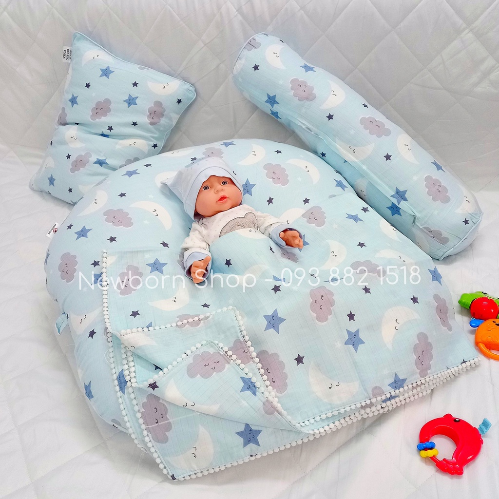 Gối chống trào ngược Xô Muslin Hàn Quốc- Xô Organic ❤️COMBO 4 món (Nệm chống trào+gối ôm+gối kê đầu+chăn)❤️