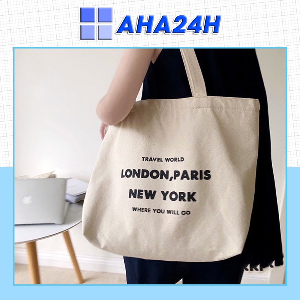 Túi tote vải canvas đi học đi chơi có túi nhỏ xinh in LONDON PARIS NEWYORK AH1641