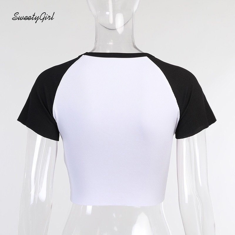 Áo Croptop Tay Ngắn Cổ Tròn In Chữ Phối Màu Tương Phản Thời Trang Cho Nữ