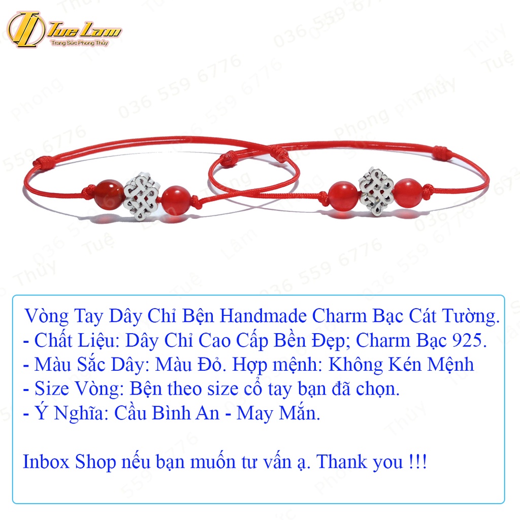 Vòng tay chỉ đỏ may mắn mix charm bạc họa tiết cát tường bình an - Tuệ Lâm