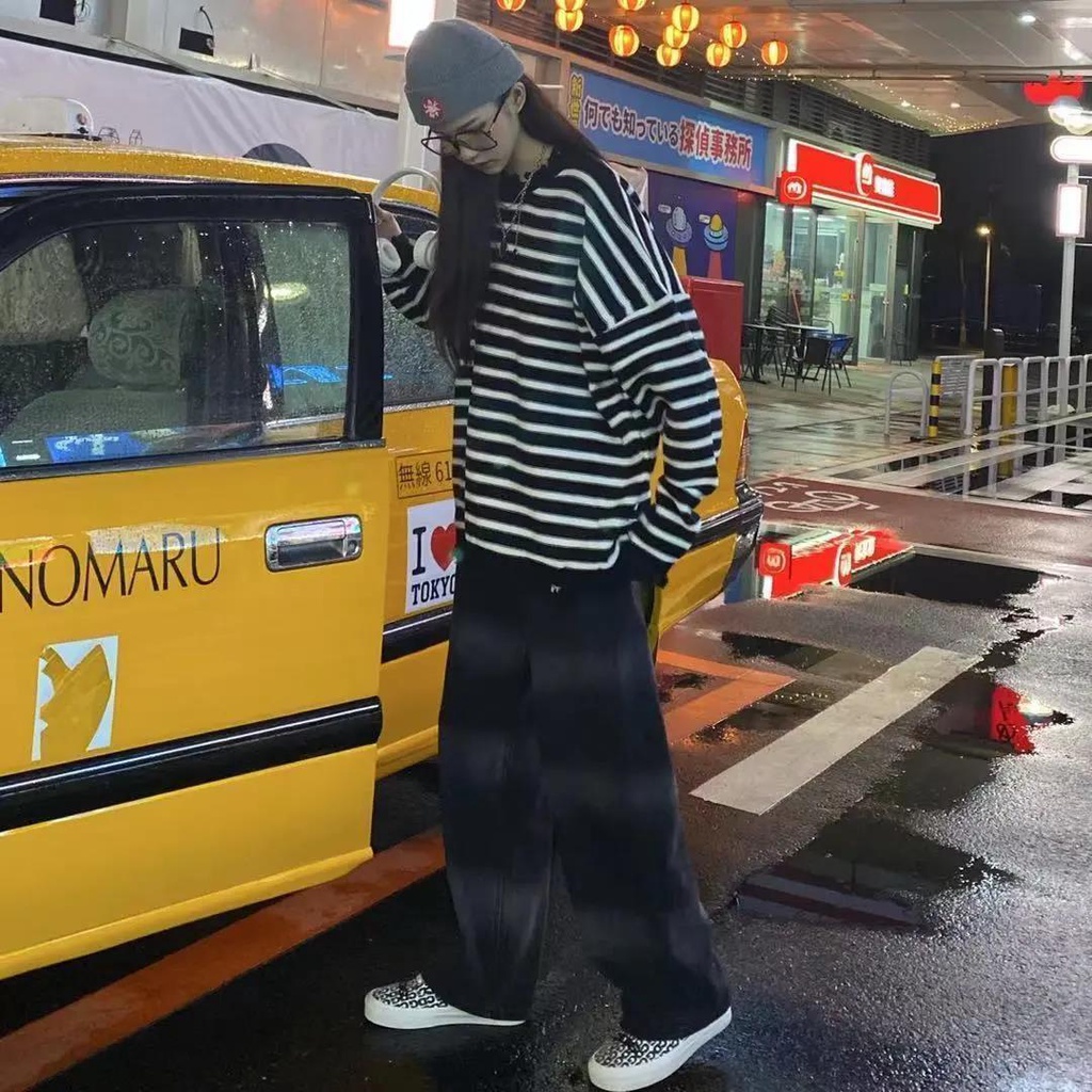 Quần Jean Dài Eo Cao Dáng Rộng In Màu Nhuộm Đen Phong Cách Hàn Quốc Thời Trang Cho Nam Và Nữ