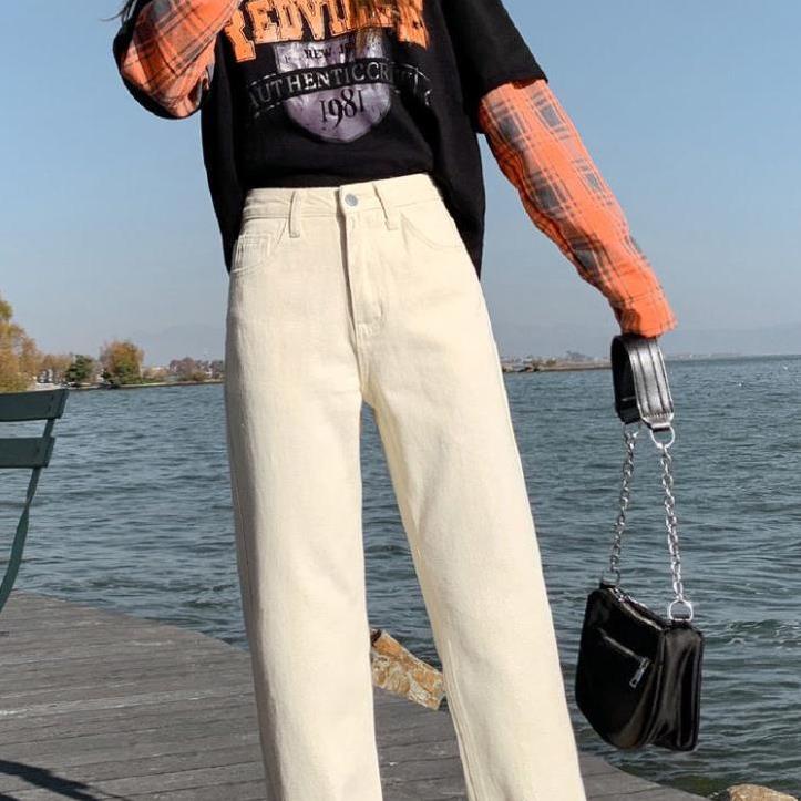 Quần jean form Unisex nam nữ màu kem phong cách cá tính thời trang Hàn Quốc | BigBuy360 - bigbuy360.vn