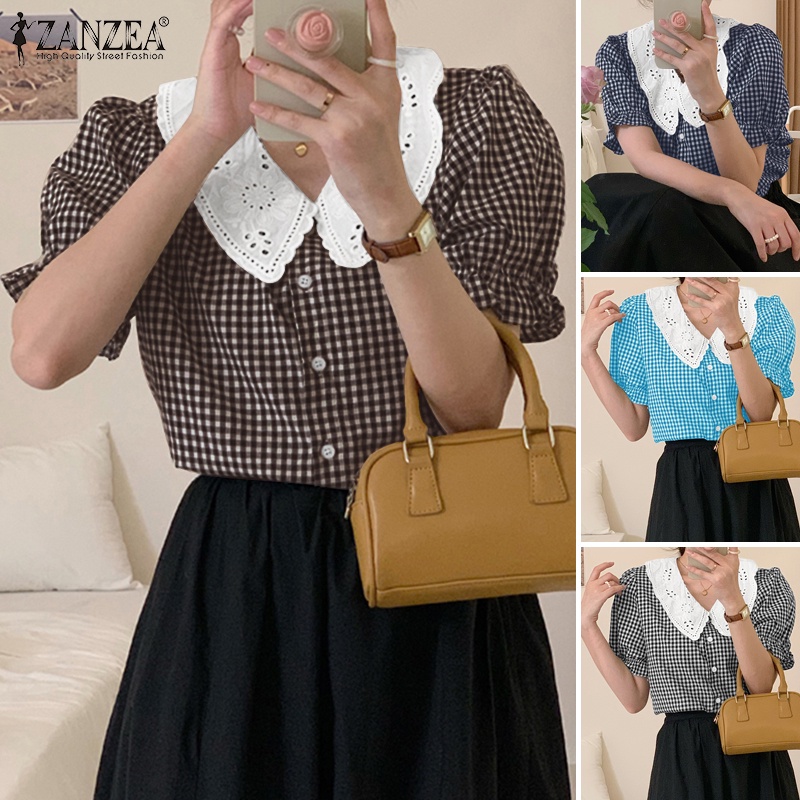 Áo kiểu ZANZEA tay phồng cổ bẻ họa tiết sọc caro phong cách đường phố thời trang cho nữ