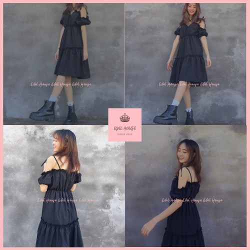 Váy đen dây ngực trễ vai buộc cổ Edel Có Ảnh Thật + Đánh Giá E122