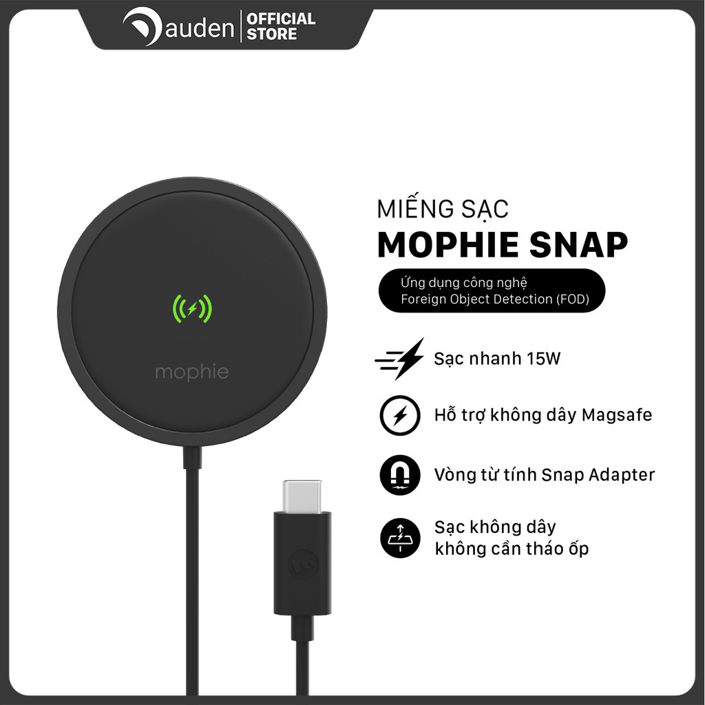Miếng sạc Mophie Snap Plus - sạc nhanh không dây chuẩn Qi, công suất lên tới 15w, nam châm hít, vòng từ tính adapter