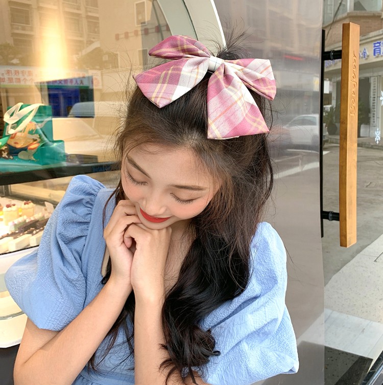 Kẹp tóc phối nơ cỡ lớn in họa tiết sọc caro chất liệu satin phong cách Nhật Bản tinh tế cho nữ