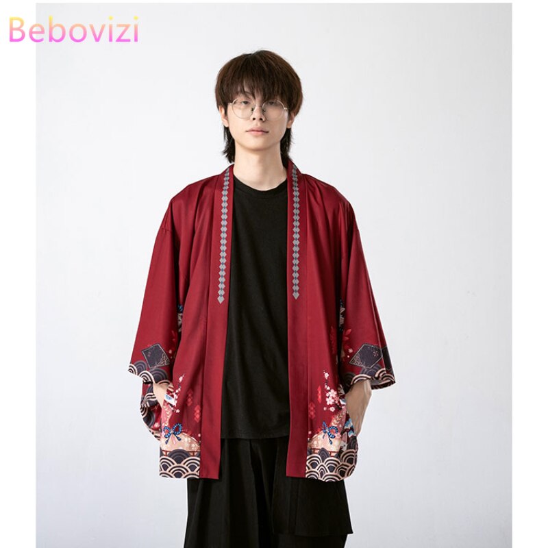 Áo Khoác Kimono Màu Đỏ Đen Dáng Rộng Phong Cách Samurai Nhật Bản Thời Trang Mùa Hè Cho Nam Và Nữ