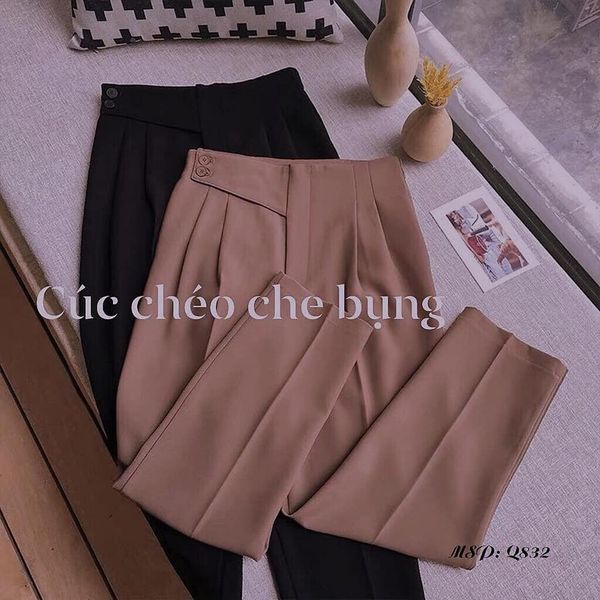 Quần Tây Công Sở Nữ Dài Lưng Cao Vạt Lệch - Dáng Quần Baggy Vải Dày Mềm Phối Aó Sơ Mi