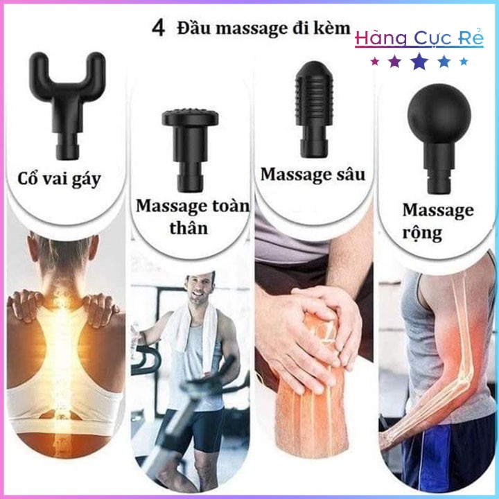 Máy massage cầm tay Fascial Gun Freeship Máy matxa giảm mỏi cơ có 5 chế độ, 4 đầu, 6 cường độ - Shop Hàng Cực Rẻ