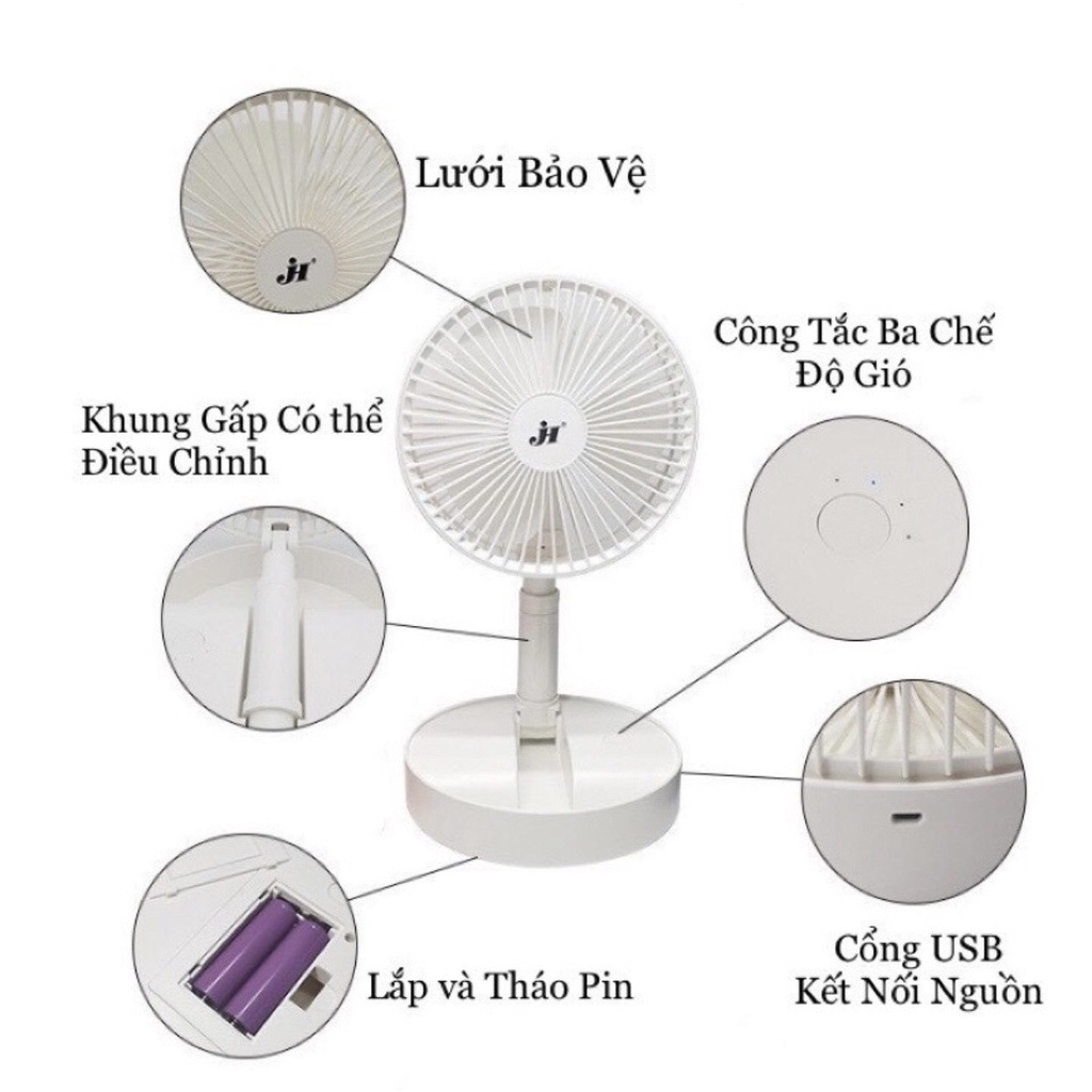 [ BH_ 6 tháng ] Quạt mini tích điện để bàn gấp gọn xoay 180 Độ với 3 cấp độ mát, thế hệ mới – Tặng Kèm Dây Cáp Sạc USB