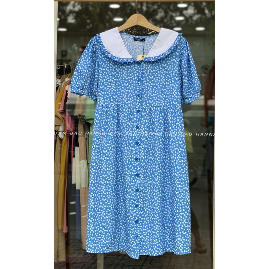 [HANNA] Đầm bầu công sở hoa nhí vải lụa cao cấp mềm mát không nhăn có size 80kg tay kiểu dễ thương dài đến gối có túi