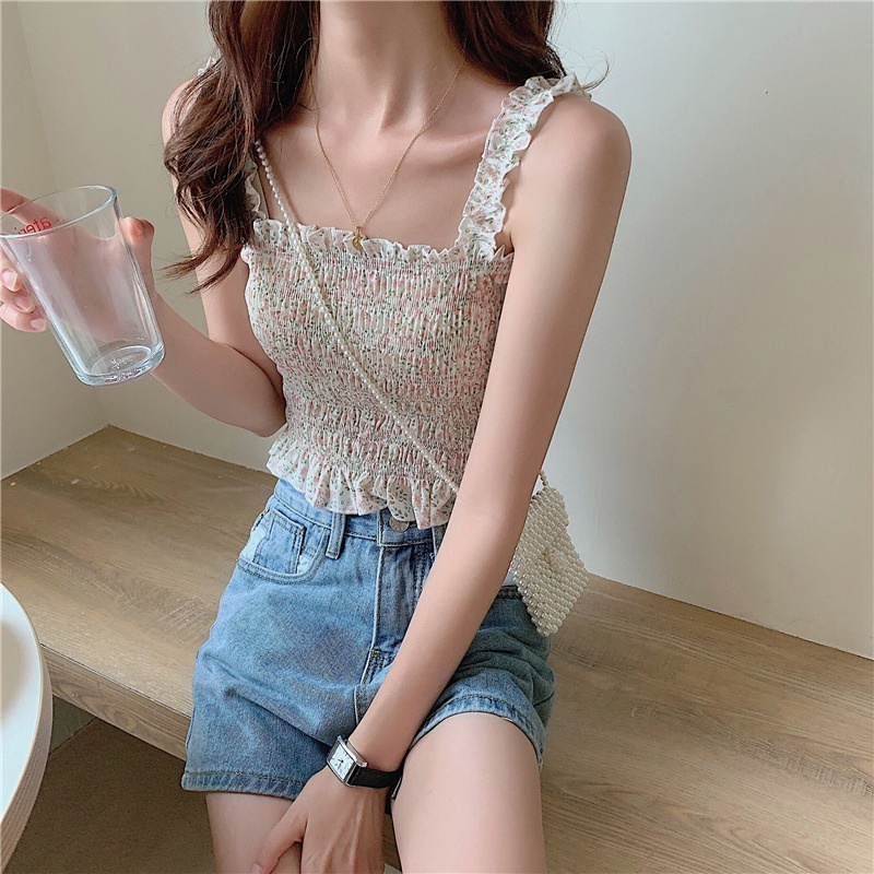 【ZHELIHANGFEI】 / Áo Hai Dây Họa Tiết Hoa Gấp Gọn Eo Hẹp Eo Quyến Rũ Cho Nữ