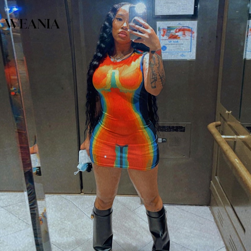 Đầm Sát Nách In Họa Tiết 3D Màu Sắc Tương Phản Thời Trang Quyến Rũ Cho Nữ