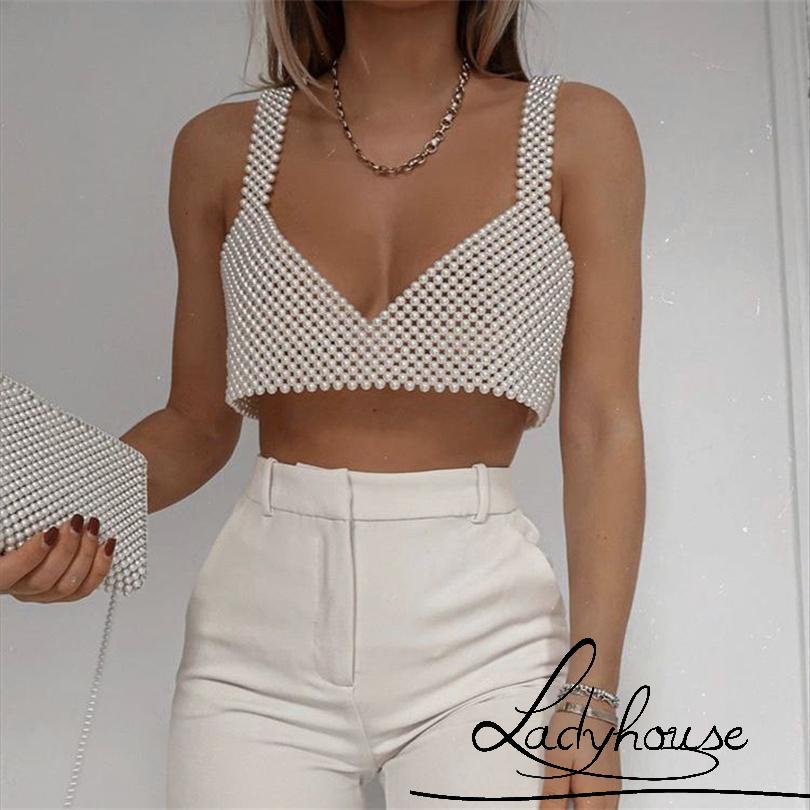 Áo Croptop Hai Dây Màu Trơn Đính Hạt Trang Trí Dành Cho Nữ