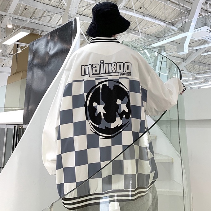 Áo Khoác Bóng Chày Unisex Dáng Rộng Họa Tiết Sọc Caro Phong Cách Hip Hop Thời Trang Cho Các Cặp Đôi