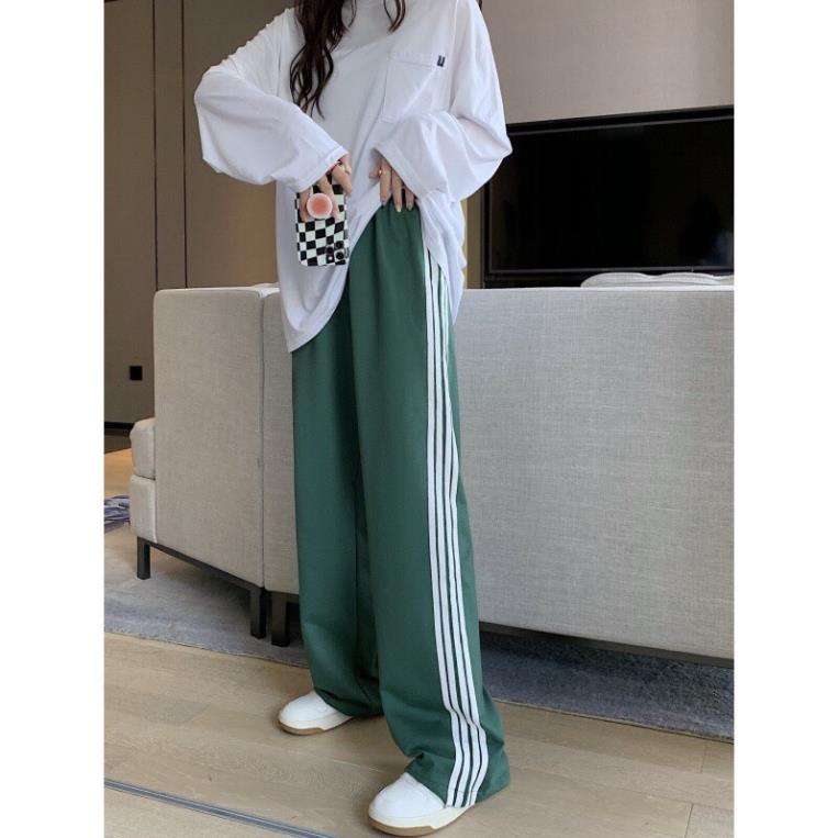 [NEW] Quần ống rộng 4 sọc Xanh Unisex, quần dài cạp chun có dây rút điều chỉnh eo chất nỉ da cá co dãn dày dặn mặc 4 mùa