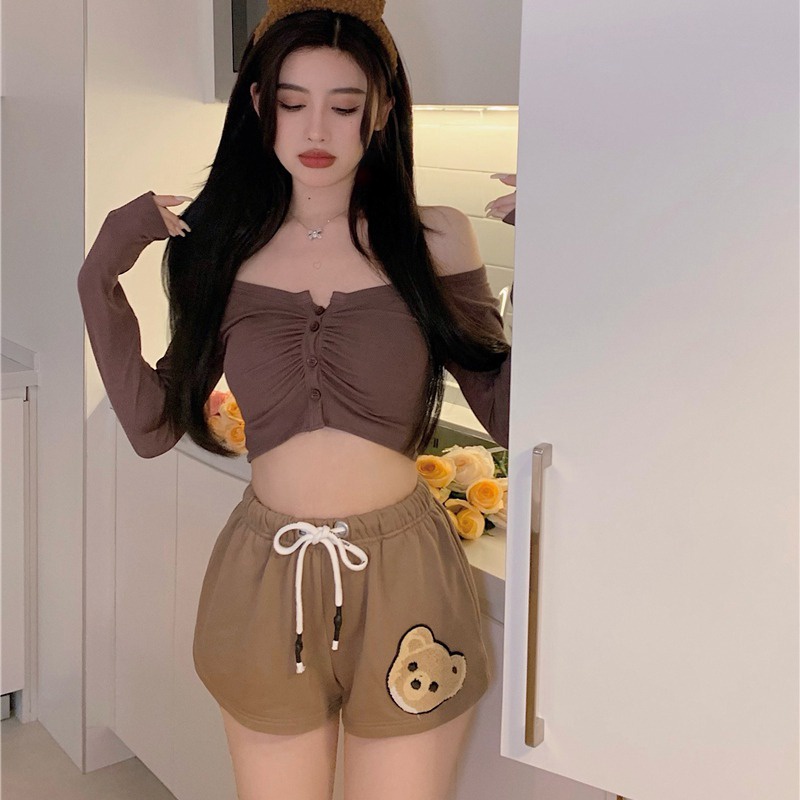 Quần Short Thể Thao Lưng Cao Dây Rút In Họa Tiết Gấu Hoạt Hình Dễ Thương Phong Cách Hàn Quốc Cho Nữ