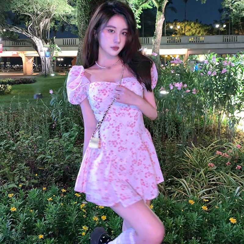 Brroa Đầm Tay Ngắn Phồng Cổ Vuông Xếp Ly Viền Bèo Nhún In Họa Tiết Hoa Phong Cách Pháp Cổ Điển Thời Trang Cho Nữ