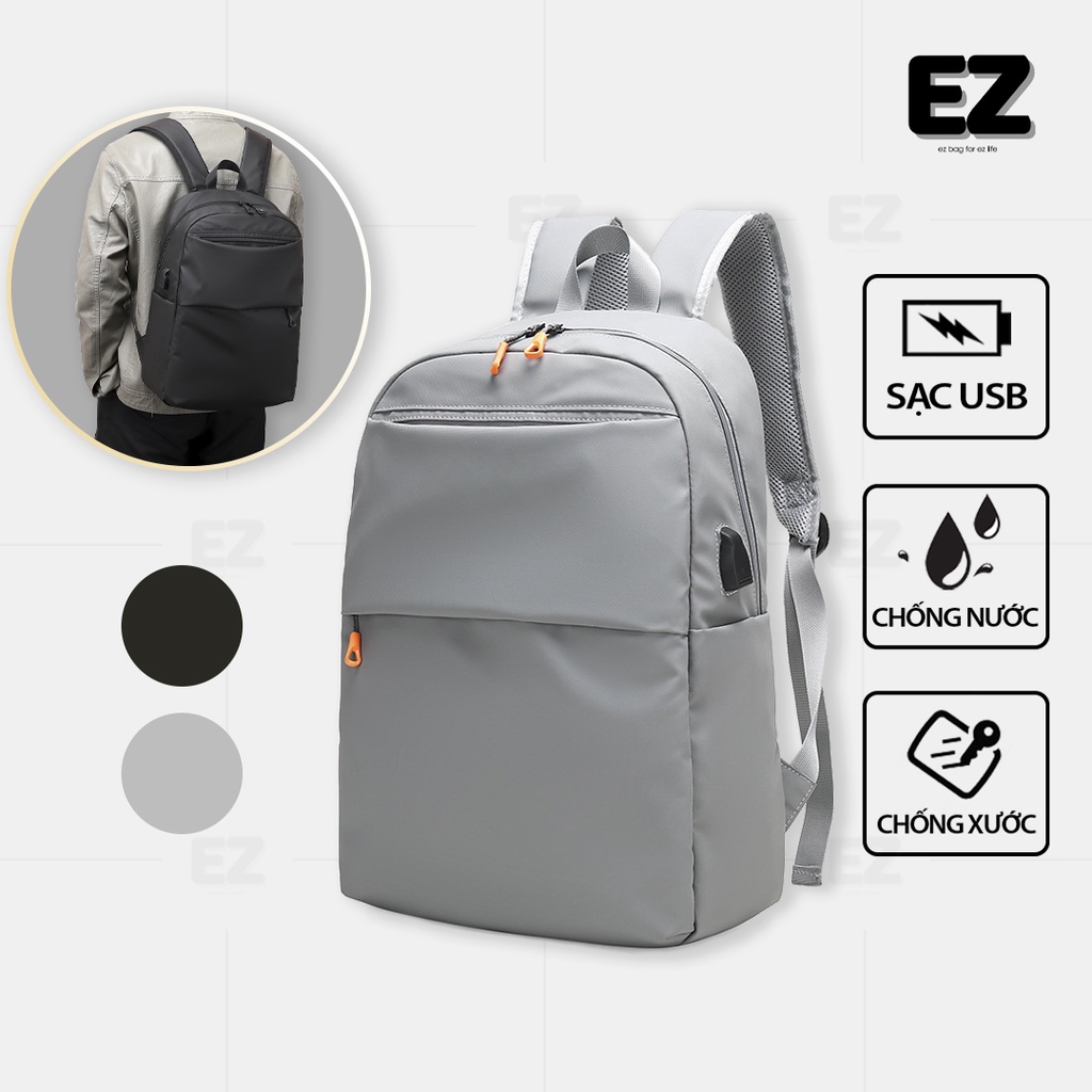 Balo đi học basic BLU10 có cổng sạc USB, Balo du lịch unisex chống thấm nước đựng laptop 15.6 inch