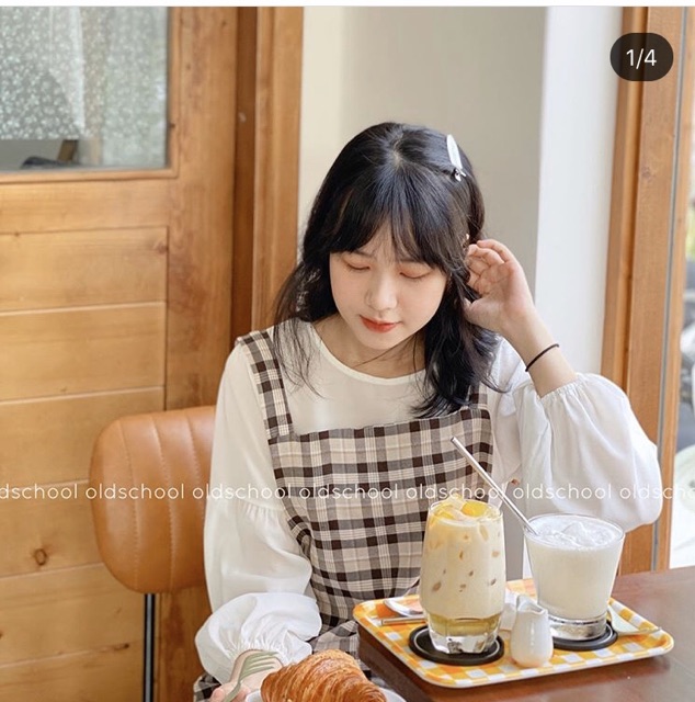 Set yếm kẻ ulzzang + áo voan ( có ảnh thật)