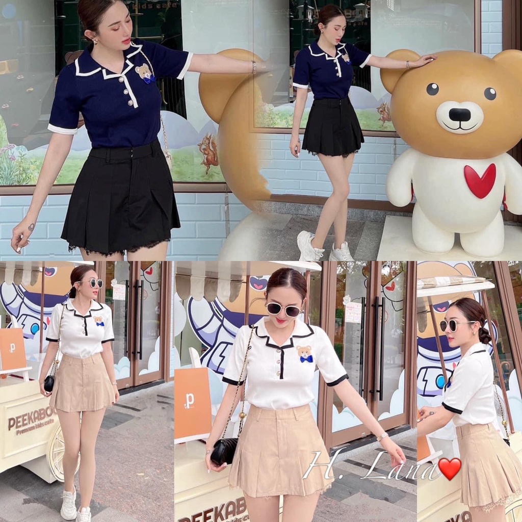 [L2M] Áo len nữ Montoghi dệt kim Quảng Châu cổ bẻ thêu hình GẤU nổi đính kèm NƠ xinh xắn thanh lịch và dễ thương