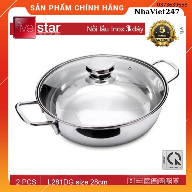 Nồi Lẩu inox Fivestar 28 cm-3 Đáy-lắp kính-chảo,Xào,rán-Đun bếp từ dày đẹp,sáng bóng,chín hãng,giá rẻ-BH 5n