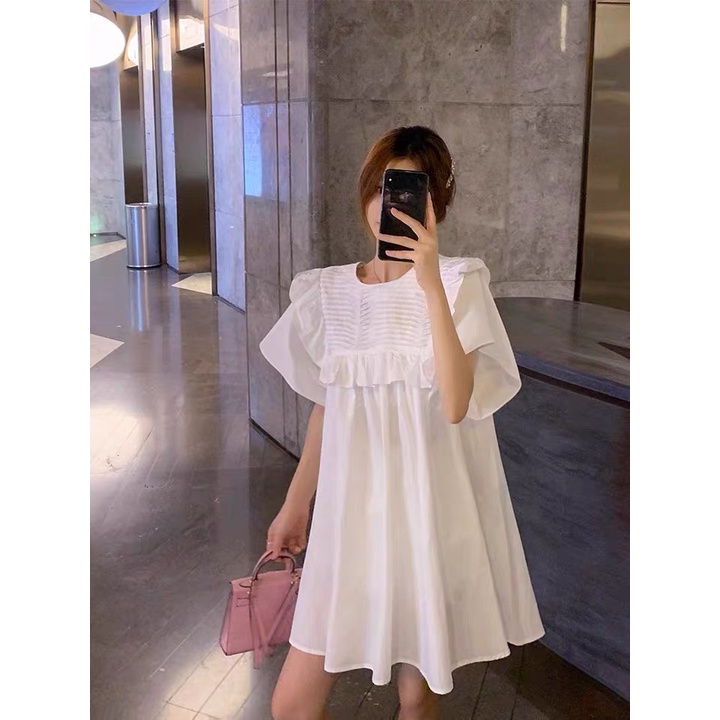 Váy đầm xếp ly quảng châu dáng ngắn, Đầm trắng dự tiệc tiểu thư cổ bèo dễ thương kiểu hàn | BigBuy360 - bigbuy360.vn