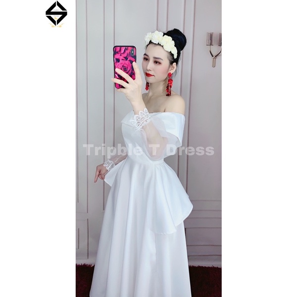 Đầm xòe dự tiệc mặc cưới bẹt vai tay voan dài phối ren TRIPBLE T DRESS -size S/M/L - MS51Y