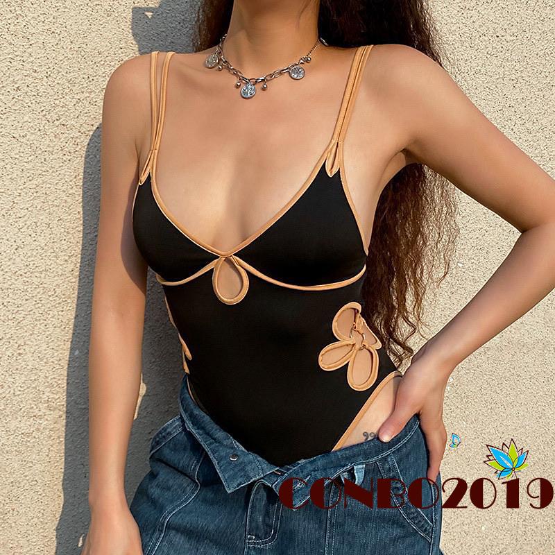 Jumpsuit Sát Nách Cổ Chữ V Hở Lưng Màu Sắc Tương Phản Thời Trang Mùa Hè Cho Nữ