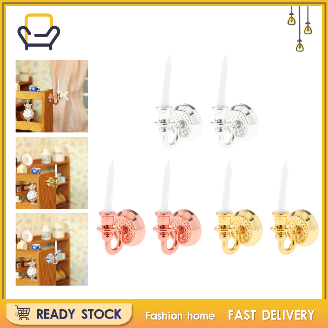 【Fashion home】1:6 1/12 Mini Doll House Wall Candle Holder Scene Model DIY Decor Props gold