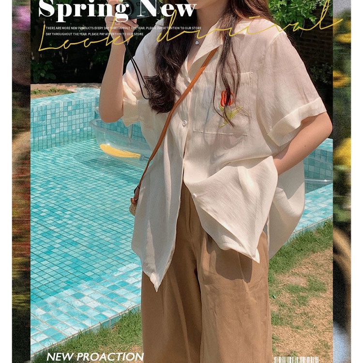 Áo Sơ Mi chiffon Mỏng Tay Ngắn Thêu Hình Hoa tulip Thời Trang Mùa Hè Hàn Quốc Dành Cho Nữ 2022