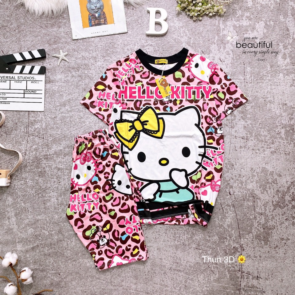 Set trang phục pijama đồ ngủ đồ bộ in 3D quần lửng thun lạnh thái Freesize