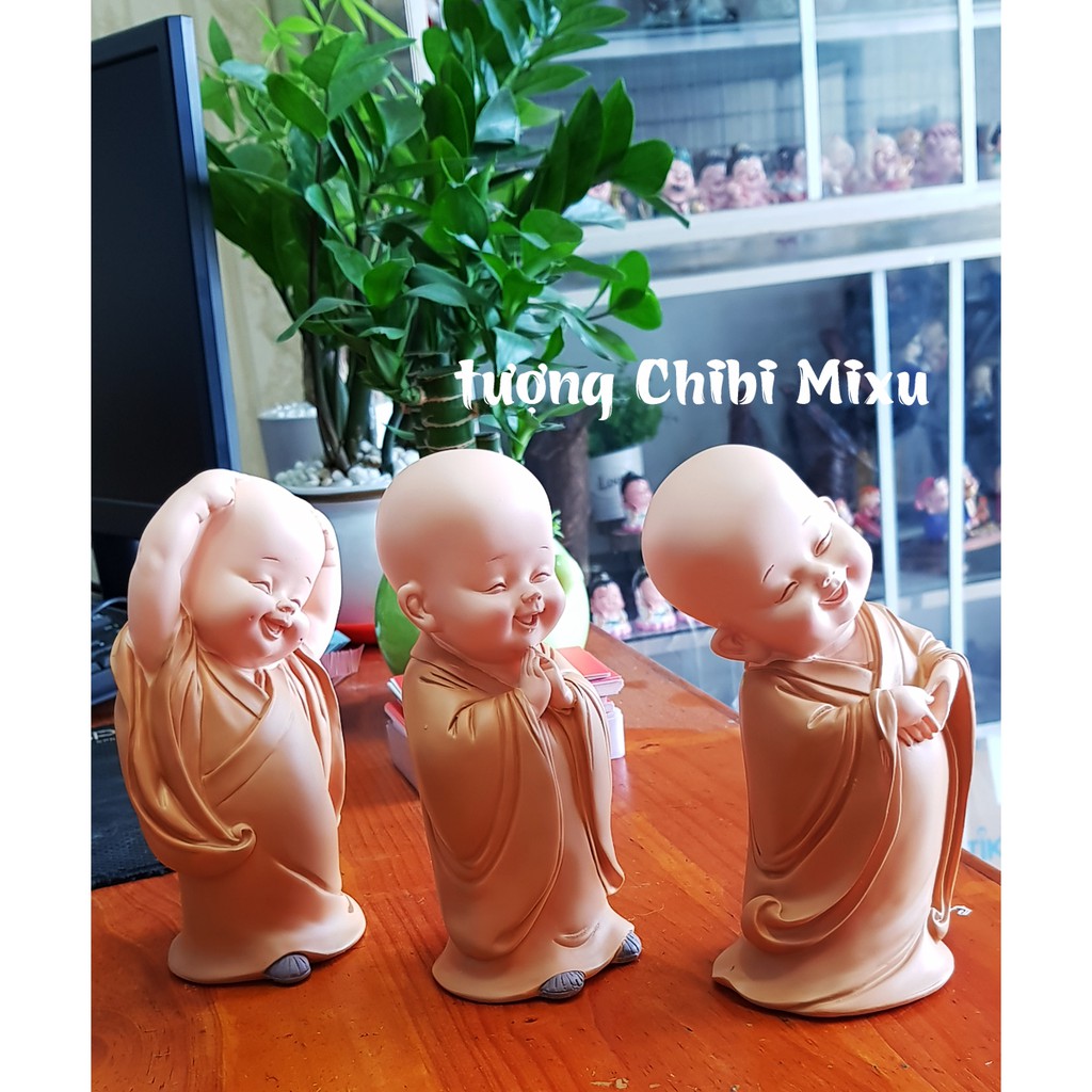 Bộ 03 tượng chú tiểu an nhiên áo nâu - mẫu đứng 16.5cm