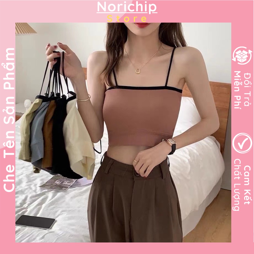 Áo croptop len gân tăm hai dây sợi bún ôm sát body có đệm ngực tạo form gợi cảm viền màu trang trí dễ thương NORICHIP.