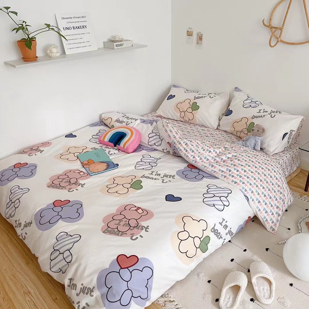 Bộ chăn ga gối cotton living nhập khẩu lonnabedding họa tiết gấu tim ( full size)