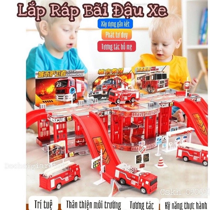 Đồ chơi trẻ em, bãi đậu xe ô tô mô hình lắp ghép, đồ chơi mô tả chi tiết gara ô tô cho bé tặng kèm 2xe