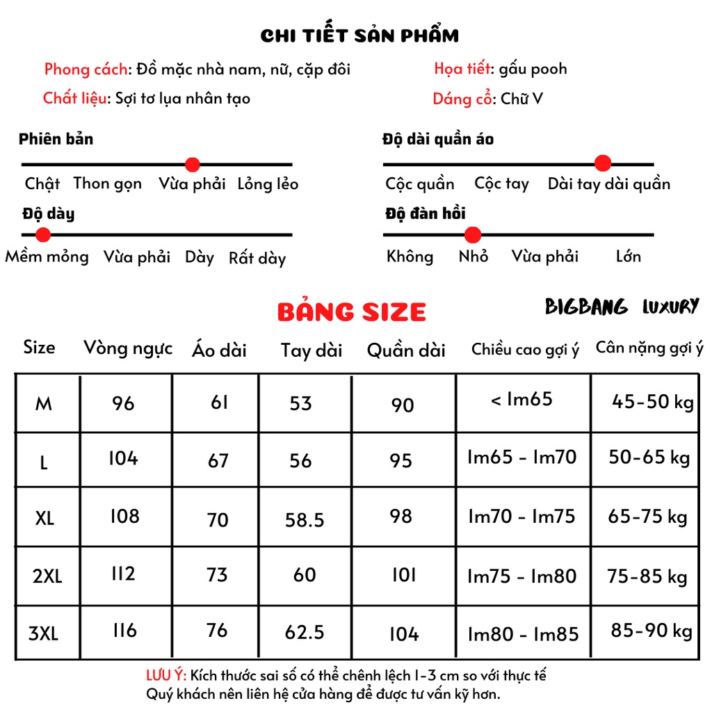 Bộ đồ ngủ pijama hoạ tiết gấu pooh lụa bóng nam nữ Bigbang Luxury Dành cho cặp đôi mặc nhà