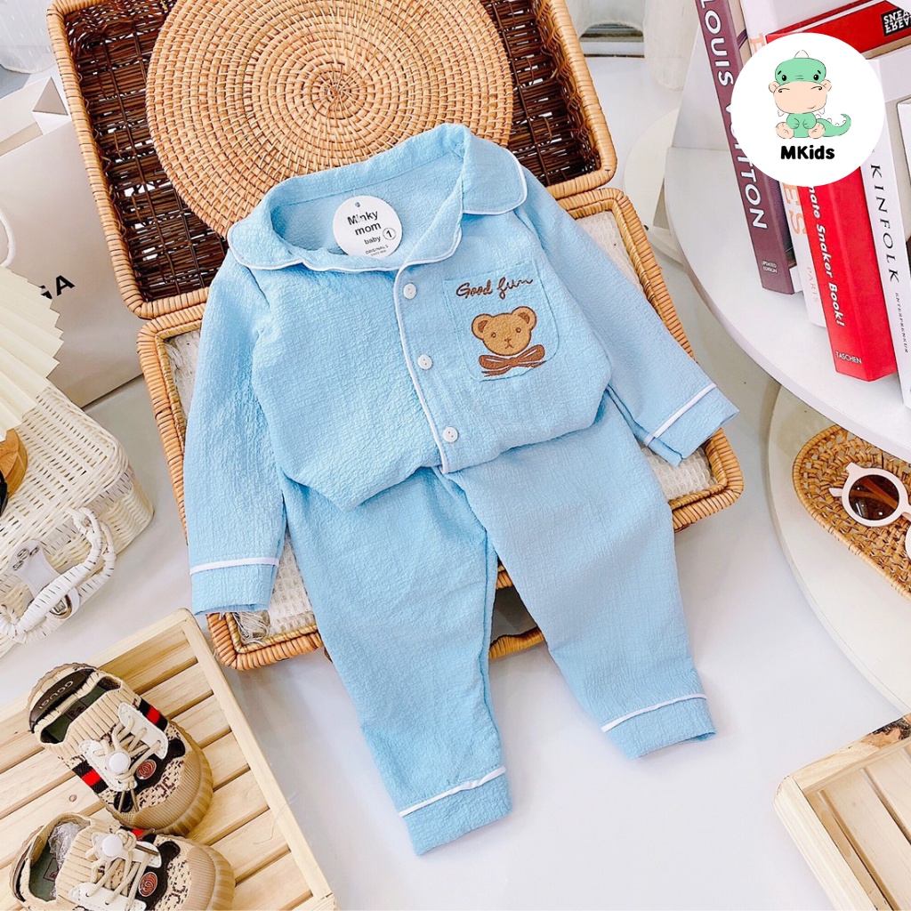 Đồ bộ pijama bé gái bé trai 1-5 tuổi, đồ ngủ cho bé gái bé trai, đồ bộ cho bé tay dài túi in hình gấu đáng yêu MKids