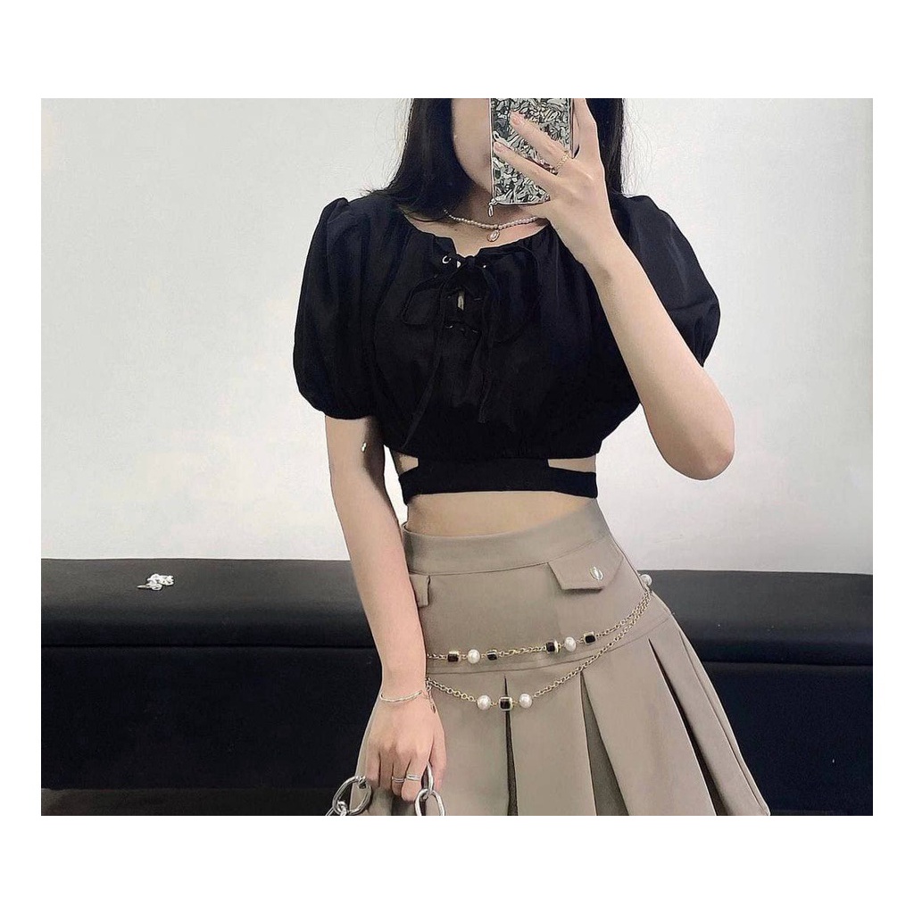 Áo croptop nữ tay ngắn có dây cột eo mắt cáo đan ngực cho nàng cá tính DG4247