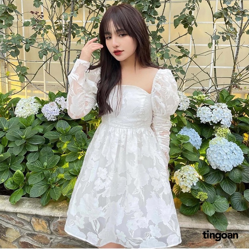 TINGOAN® - Váy tay bồng bóng kính vân hoa trắng 3 lớp vải PRETTY IN ROSÉ DRESS/WH