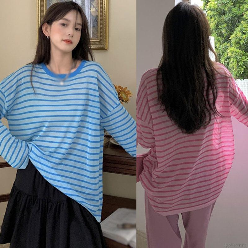 Áo thun dài tay dáng rộng kẻ sọc thời trang cho nữ