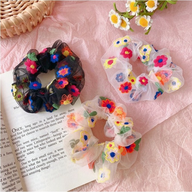 Cột Tóc Scrunchies Hoa-Voan lưới Mềm Mại