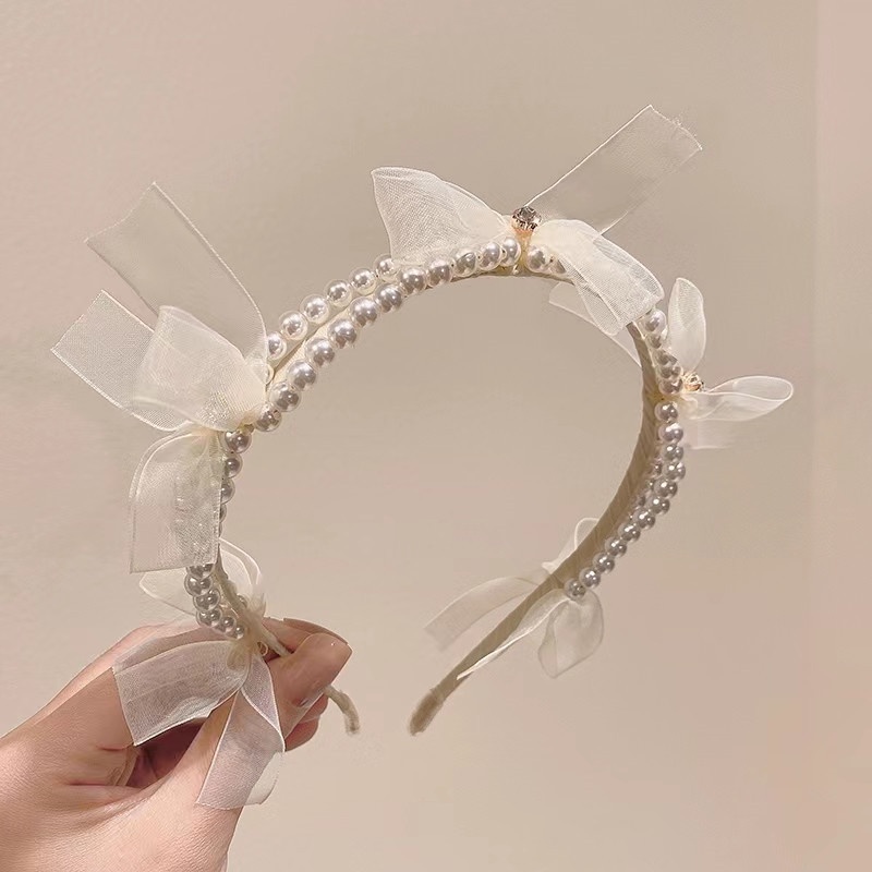 Băng Đô Cài Tóc Đính Hạt Ngọc Trai Và Nơ Xinh Xắn