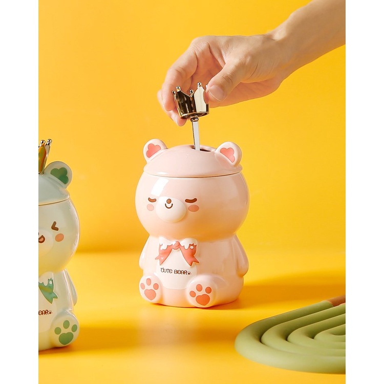 Cốc Uống Nước Bằng Sứ Chịu Được Sức Chứa Cao Có Nắp Đậy In Hình Gấu Trúc Hoạt Hình Sáng Tạo