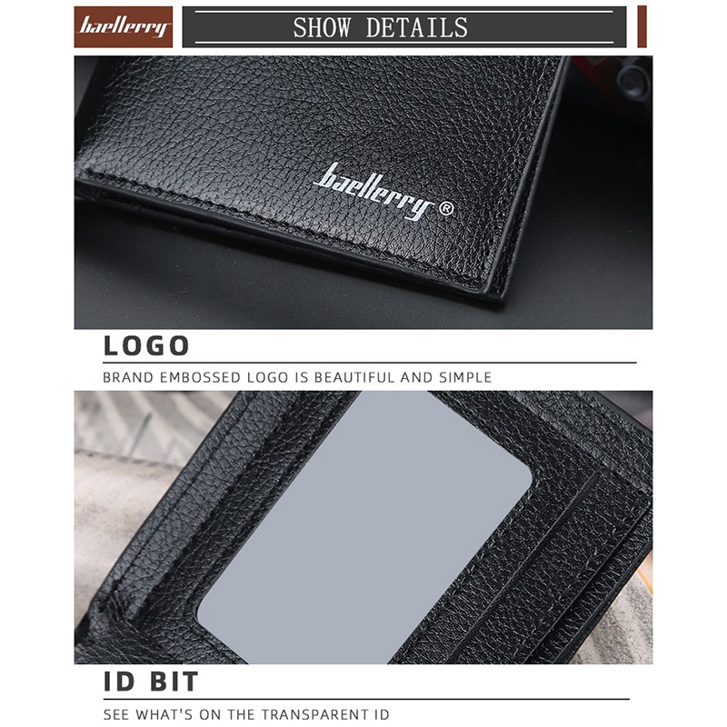 「COD」Baellerry Men's Short Wallet Korean Version of The Lychee Pattern Open Wallet Simple Leather Wallet