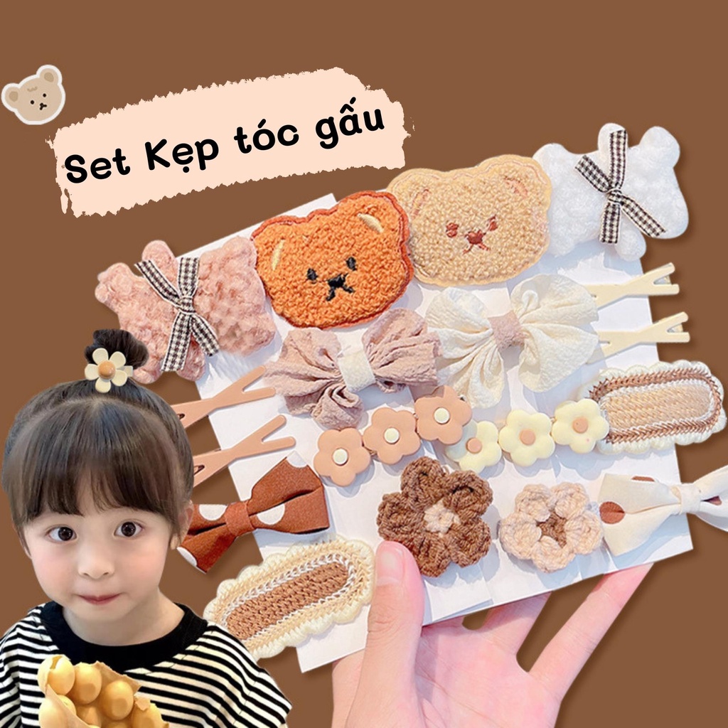 [HOT] Set kẹp tóc hình gấu màu nâu trà sữa phong cách vintage Hàn Quốc đáng yêu cho bé