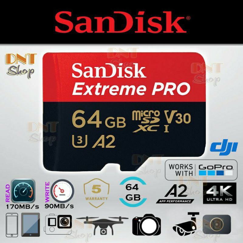 Thẻ nhớ MicroSDXC SanDisk Extreme PRO A2 - 64GB V30 U3 Class 10 UHS-I 170MB/s (SDSQXCY-064G-GN6MA) | BigBuy360 - bigbuy360.vn